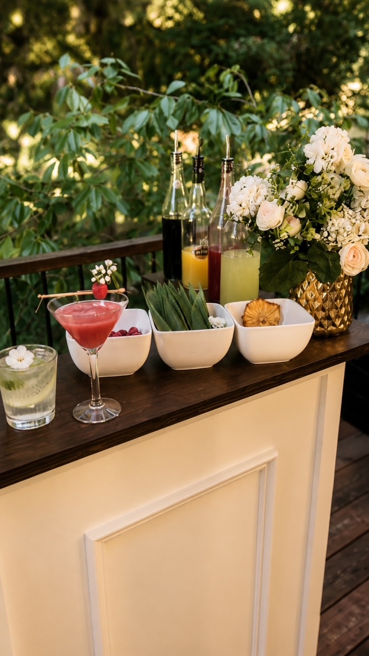 The Sip Stop portable bar styled with fresh flowers and signature beverages