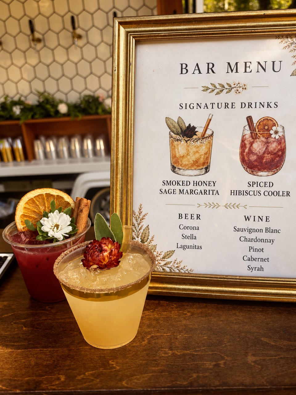 A custom framed cocktail menu beside two signature drinks