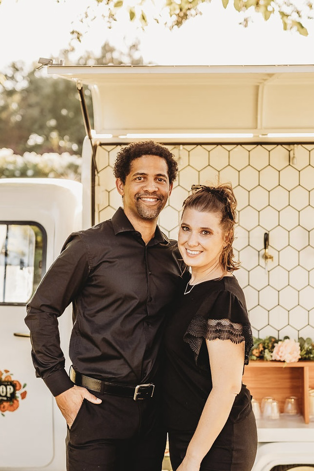 Jessica and Jorge together in front of The Sip Stop Piaggio mobile bar