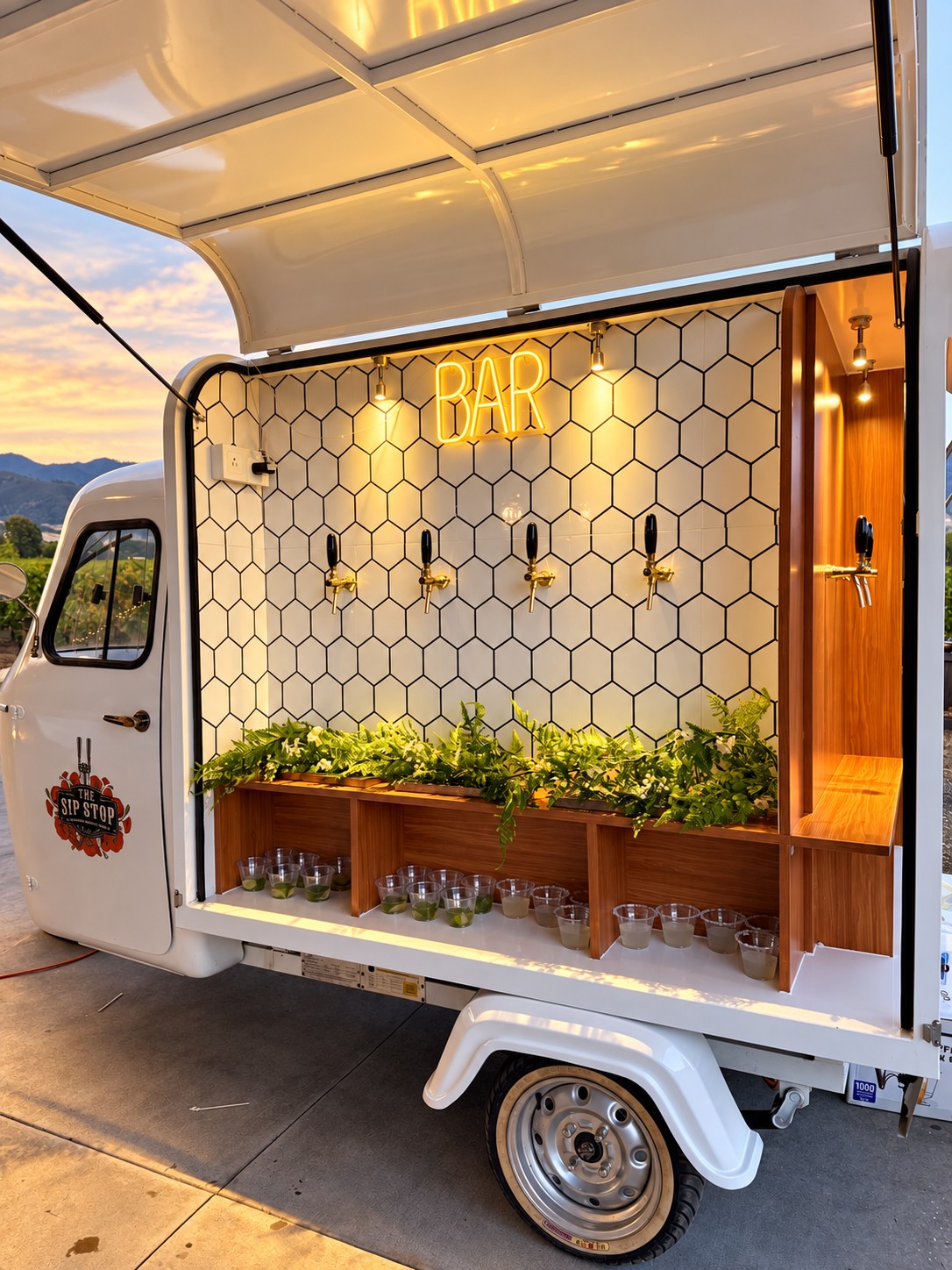The Sip Stop Piaggio Ape mobile bar at a wedding venue