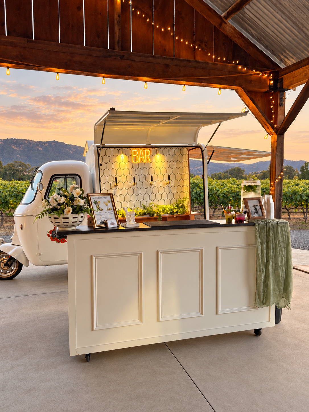 Wedding bar beneath a timber pavilion overlooking the hills
